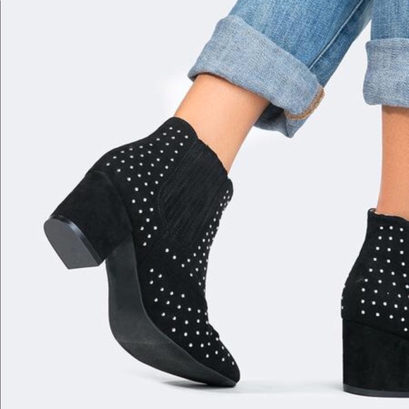 Black Studded Kitten Block Heel Ankle Booties - Picture 3 of 8